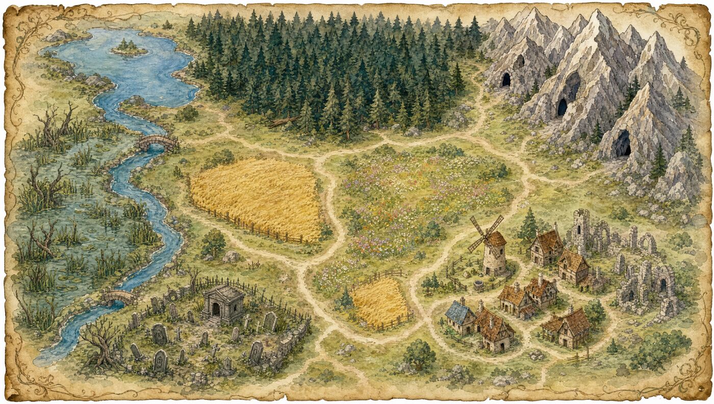 Mapa Kontinentu s bestiemi podle prostředí